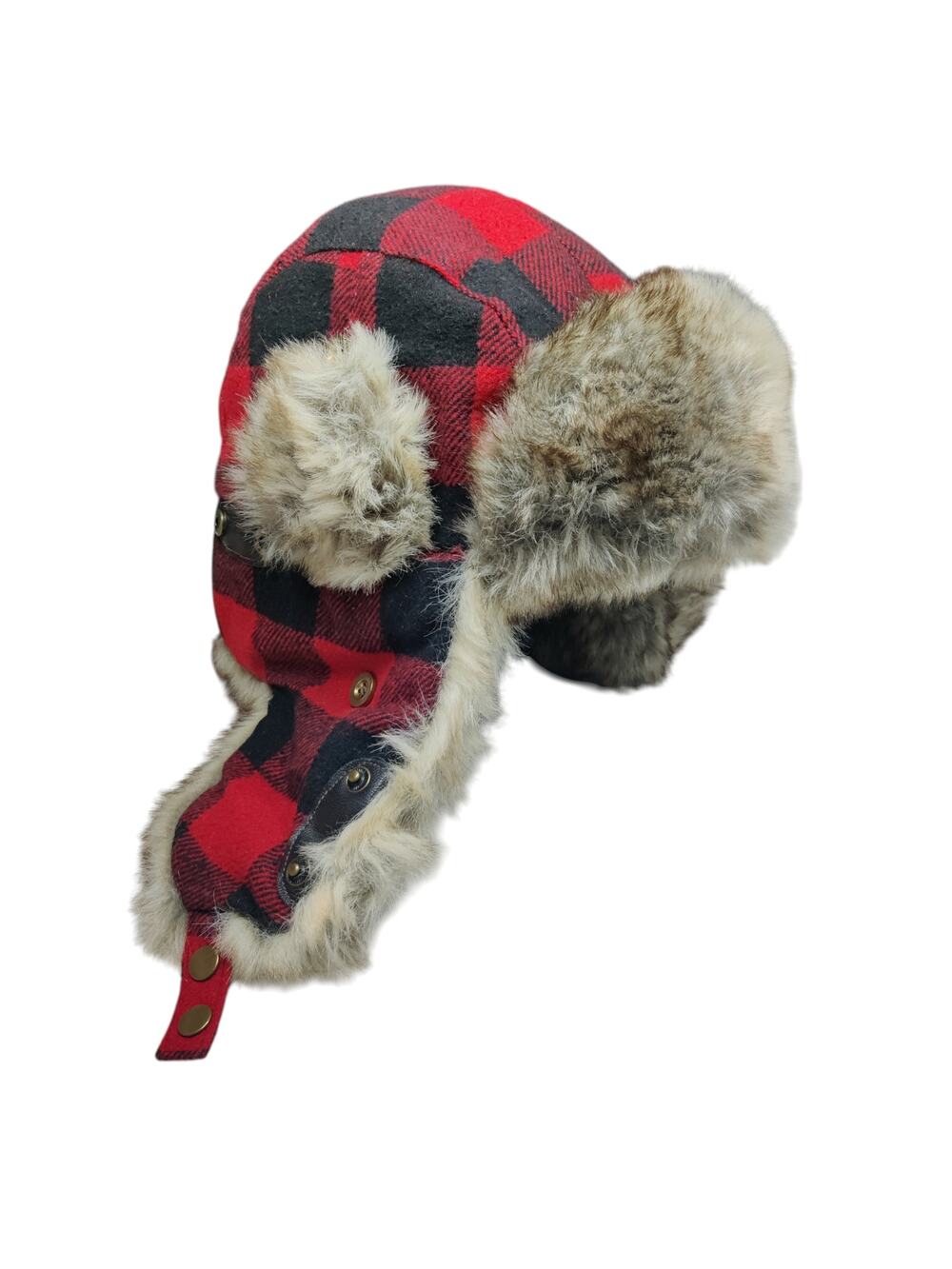 Scala Unisex St. Clout Wool Blend Red Plaid Check Trapper Hat Faux Fur